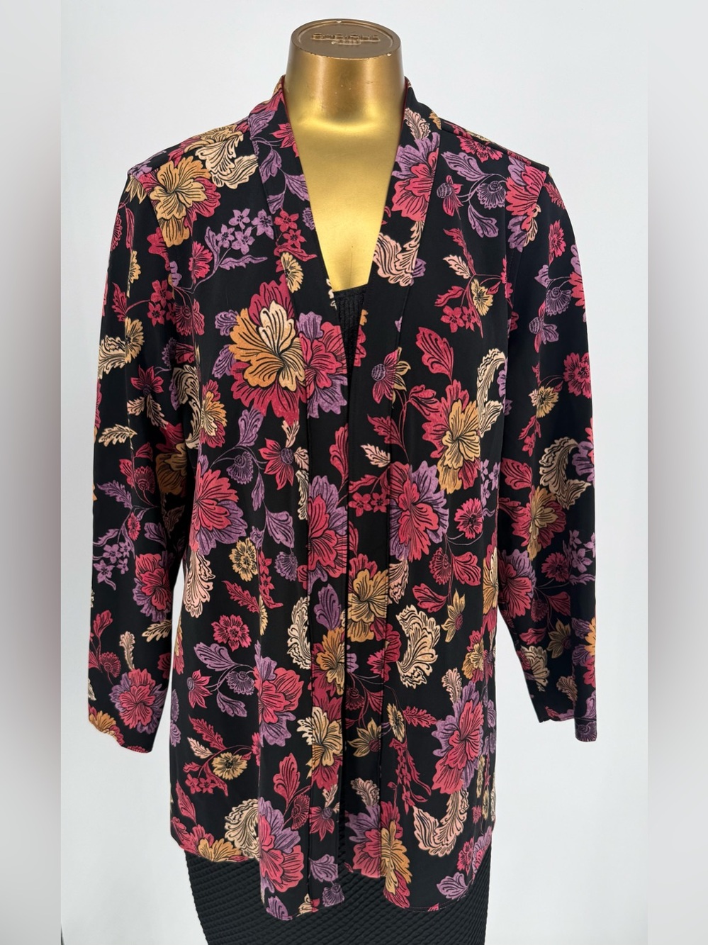 Susan Graver Open-Front Black Cardigan/Jacket- Pink, Gold, Purple Floral Size L